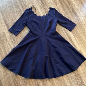 Lulu’s, Navy, flared wedding guest dress with a scalloped neckline and sleeves